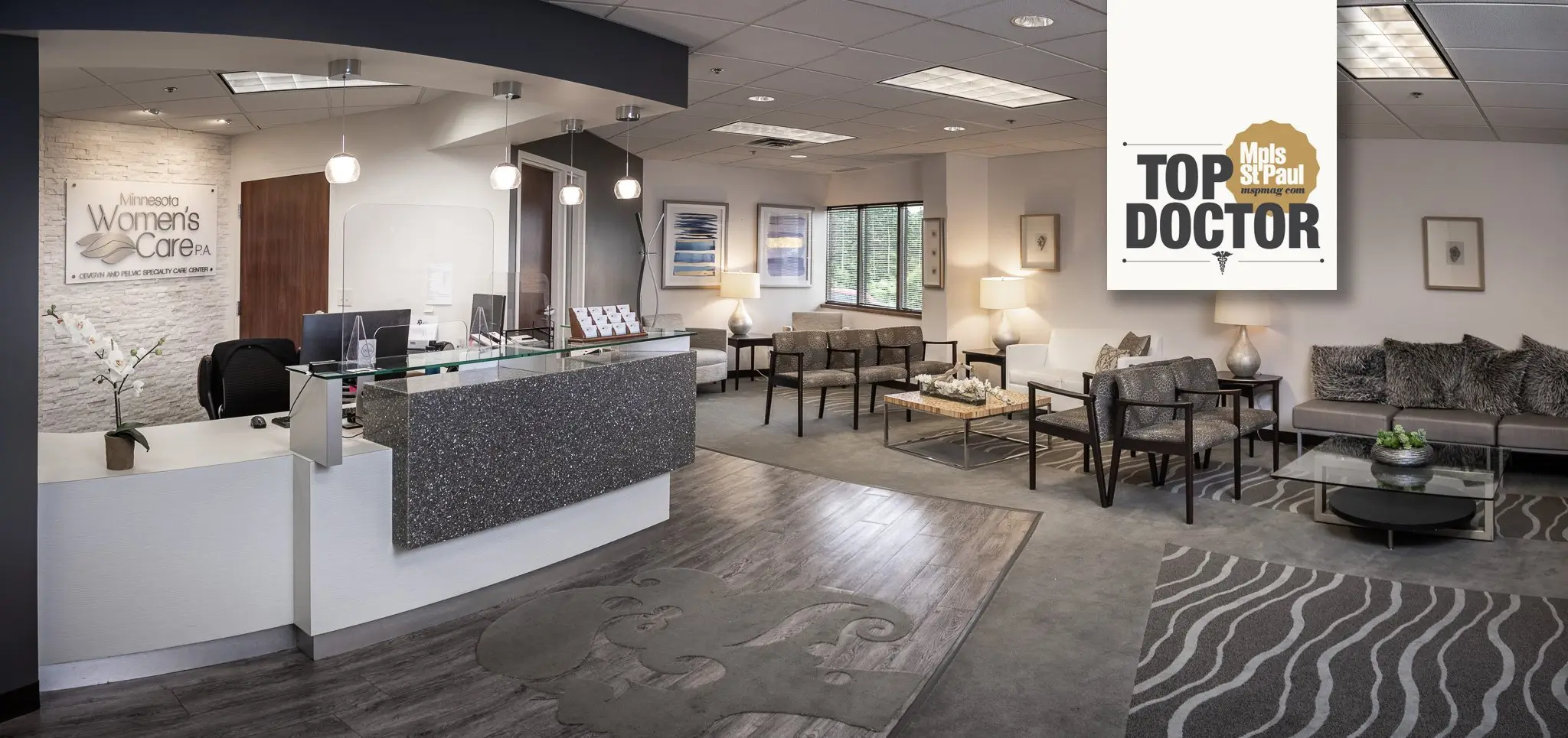 Reception and waiting area of Minnesota Women’s Care with Top Doctor award.