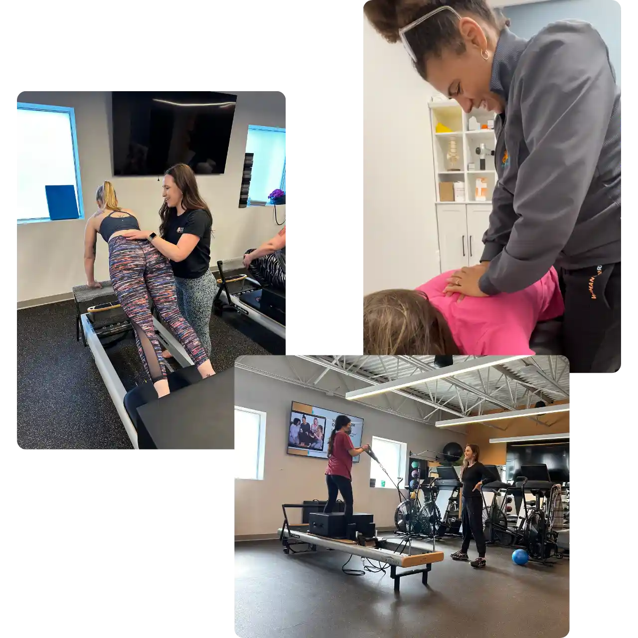 Collage of trainers assisting clients with Pilates reformer and stretching exercises.